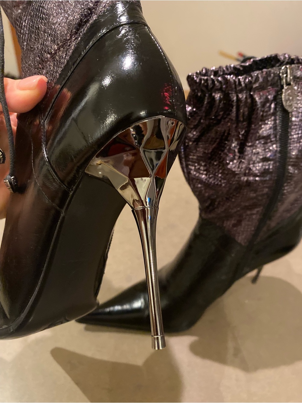 Leather Women's Metallic Purple and Black Stiletto Ankle Boots - Picture 3 of 4